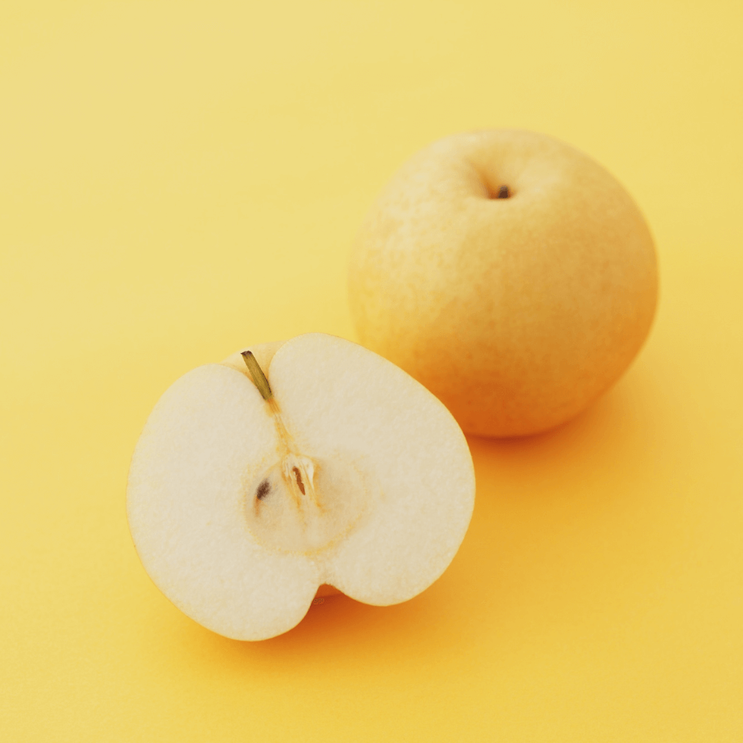 Asian Pear tree with round, crisp yellow-green fruits hanging on branches against green leaves
